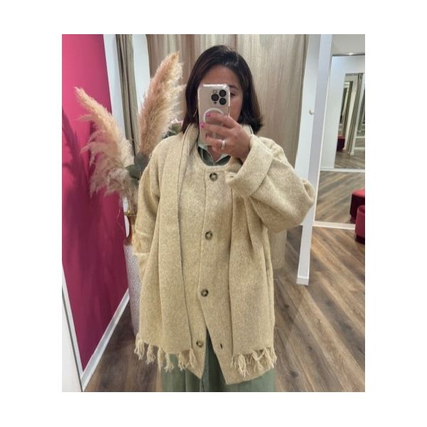 Gilet long beige avec écharpe